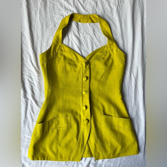 SOLD Vintage Donna Karan Halter neck Vest Medium Silk Chartreuse - Picture 7 of 13